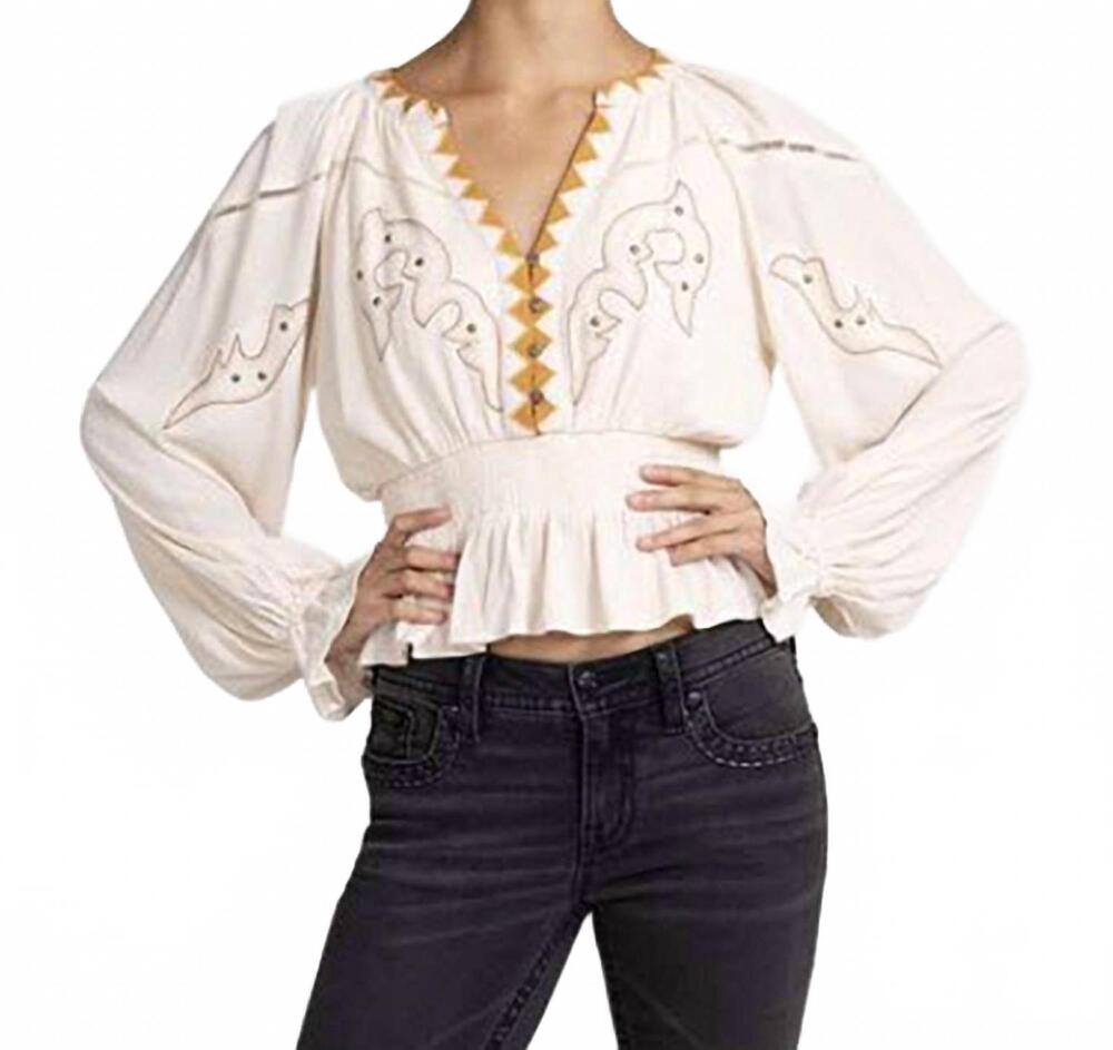 NEW MISS ME women's long puff sleeve knit top in beige